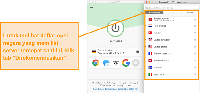 Tangkapan layar aplikasi ExpressVPN yang menunjukkan server yang direkomendasikan