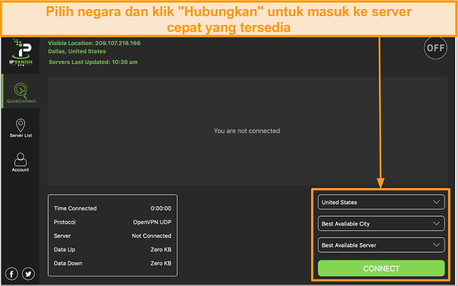 Tangkapan layar antarmuka aplikasi IPVanish dan bagian "Quick Connect"