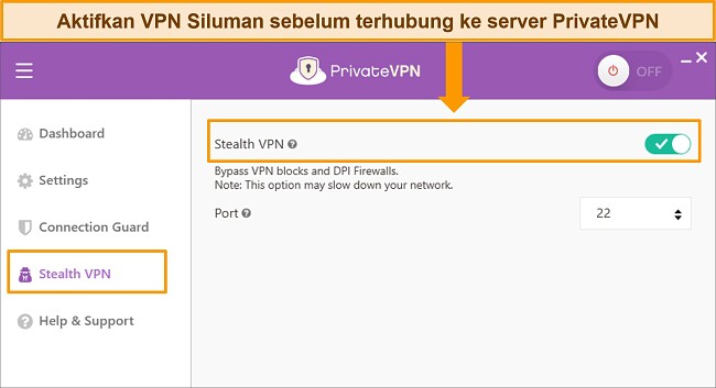 Tangkapan layar aplikasi Windows PrivateVPN yang menyoroti fitur Stealth VPN
