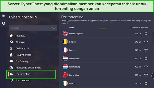 Tangkapan layar aplikasi Windows CyberGhost dengan daftar server torrent yang disorot.