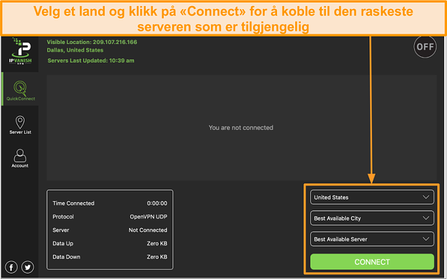 Skjermbilde av IPVanish app-grensesnitt og delen "Quick Connect"