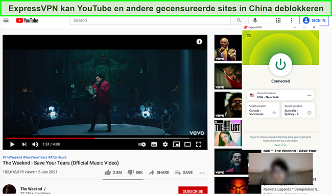 Screenshot van ExpressVPN verbonden met een Amerikaanse server en deblokkeert YouTube in China