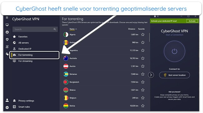 Screenshot van de torrent-geoptimaliseerde servers van CyberGhost
