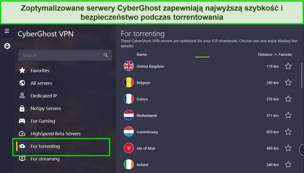 Zrzut ekranu aplikacji CyberGhost dla systemu Windows z podświetloną listą serwer&oacute;w torrentowych.