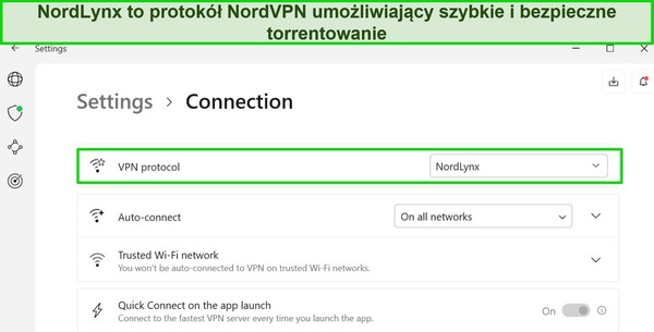 Zrzut ekranu aplikacji NordVPN dla systemu Windows przedstawiający wybrany protok&oacute;ł NordLynx