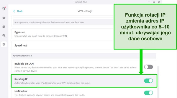 Zrzut ekranu interfejsu systemu Windows Surfshark pokazujący włączoną opcję obracania adres&oacute;w IP