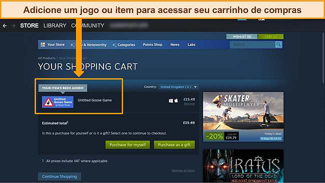 Captura de tela do painel do Steam com destaque em torno de um jogo adicionado recentemente ao carrinho.