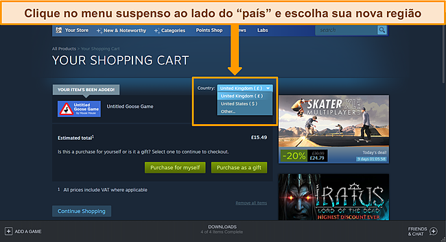 Captura de tela do cart&atilde;o de compras Steam com o menu suspenso do pa&iacute;s destacado.