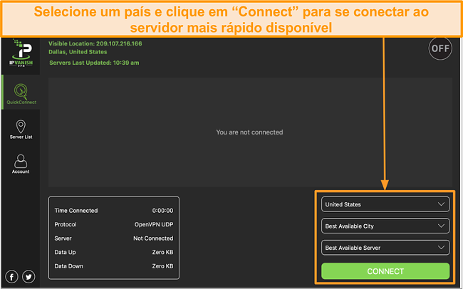 Captura de tela da interface do aplicativo IPVanish e da se&ccedil;&atilde;o "Conex&atilde;o r&aacute;pida"