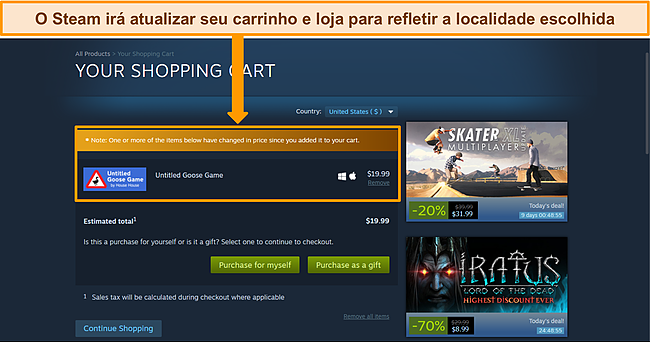 Captura de tela do painel do Steam com moeda e carrinho atualizados para corresponder ao novo local escolhido.