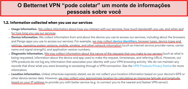 Captura de tela da pol&iacute;tica de privacidade VPN da Betternet