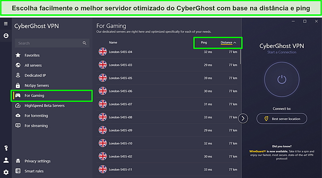 Captura de tela dos servidores de jogos dedicados da CyberGhost com op&ccedil;&otilde;es de classifica&ccedil;&atilde;o de ping e dist&acirc;ncia destacadas.