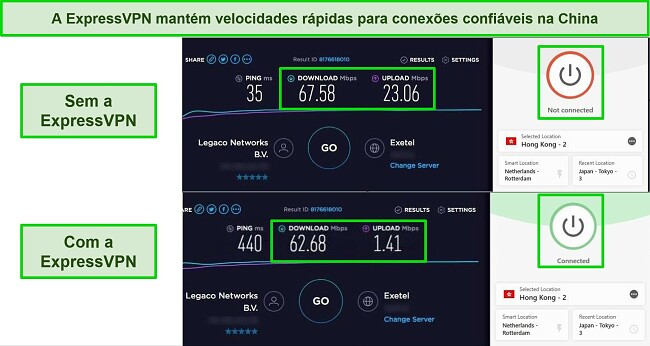 Captura de tela de 2 testes de velocidade Ookla, um sem conexão VPN e outro com ExpressVPN conectado a um servidor de Hong Kong.