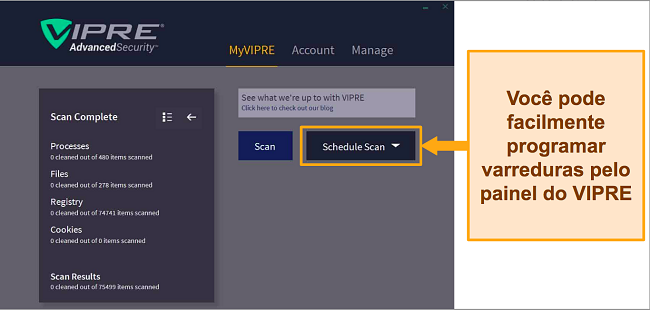 Captura de tela do painel VIPRE Advanced Security mostrando as op&ccedil;&otilde;es de verifica&ccedil;&atilde;o