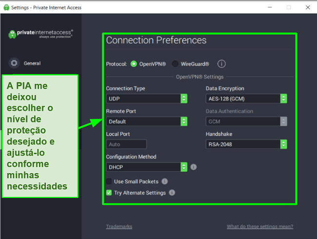 Captura de tela das configura&ccedil;&otilde;es de seguran&ccedil;a PIA dispon&iacute;veis