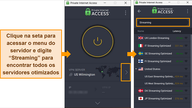 Captura de tela dos servidores de streaming da PIA encontrados digitando &lsquo;streaming&rsquo; na barra de pesquisa