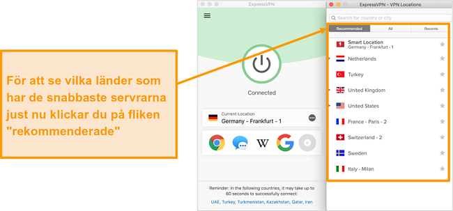 Sk&auml;rmdump av ExpressVPN-appen som visar rekommenderade servrar