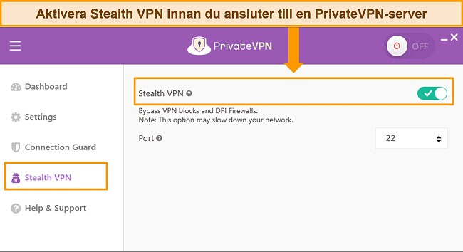 Skärmdump av PrivateVPNs Windows-app som framhäver Stealth VPN-funktionen