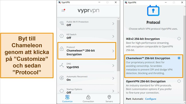 Skärmdumpar av VyprVPNs Windows-app, som visar hur man hittar och ändrar anslutningsprotokollet till Chameleon