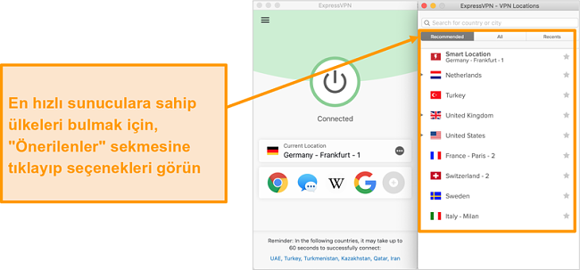 ExpressVPN uygulamasının &ouml;nerilen sunucuları g&ouml;steren ekran g&ouml;r&uuml;nt&uuml;s&uuml;