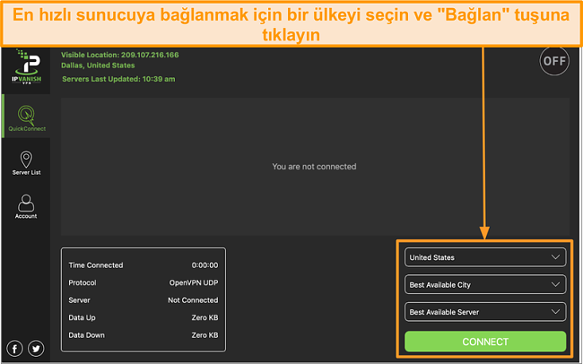 IPVanish uygulama aray&uuml;z&uuml; ve "Hızlı Bağlan" b&ouml;l&uuml;m&uuml;n&uuml;n ekran g&ouml;r&uuml;nt&uuml;s&uuml;