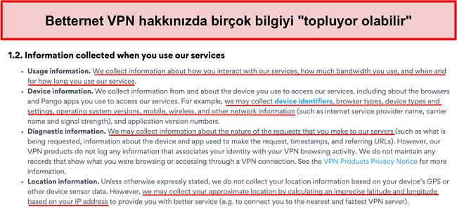 Betternet VPN gizlilik politikasının ekran g&ouml;r&uuml;nt&uuml;s&uuml;