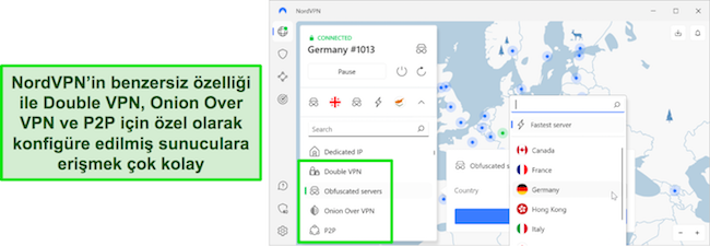 NordVPN'in &ouml;zel sunucu se&ccedil;im alanına genel bakış