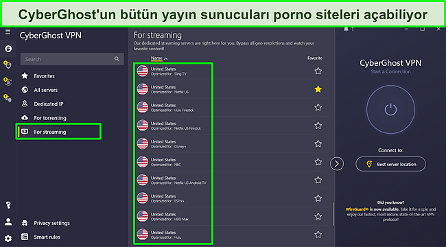 CyberGhost'un akış i&ccedil;in optimize edilmiş sunucularının ekran g&ouml;r&uuml;nt&uuml;s&uuml;.