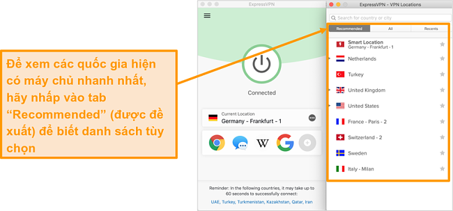 Ảnh chụp m&agrave;n h&igrave;nh của ứng dụng ExpressVPN hiển thị c&aacute;c m&aacute;y chủ được đề xuất