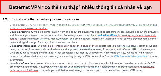 Ảnh chụp m&agrave;n h&igrave;nh ch&iacute;nh s&aacute;ch bảo mật của Betternet VPN