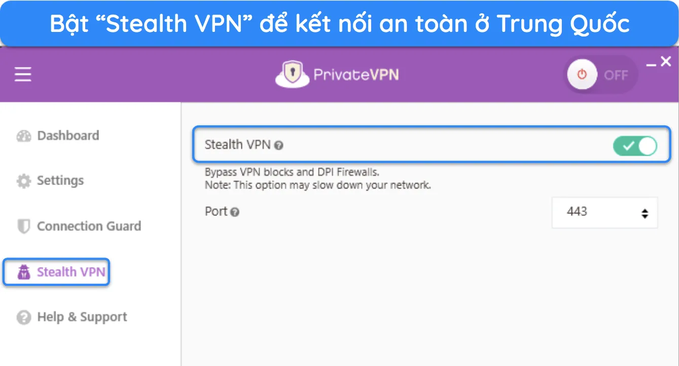 Hình ảnh ứng dụng Windows của PrivateVPN, làm nổi bật các thiết lập che giấu Stealth VPN.