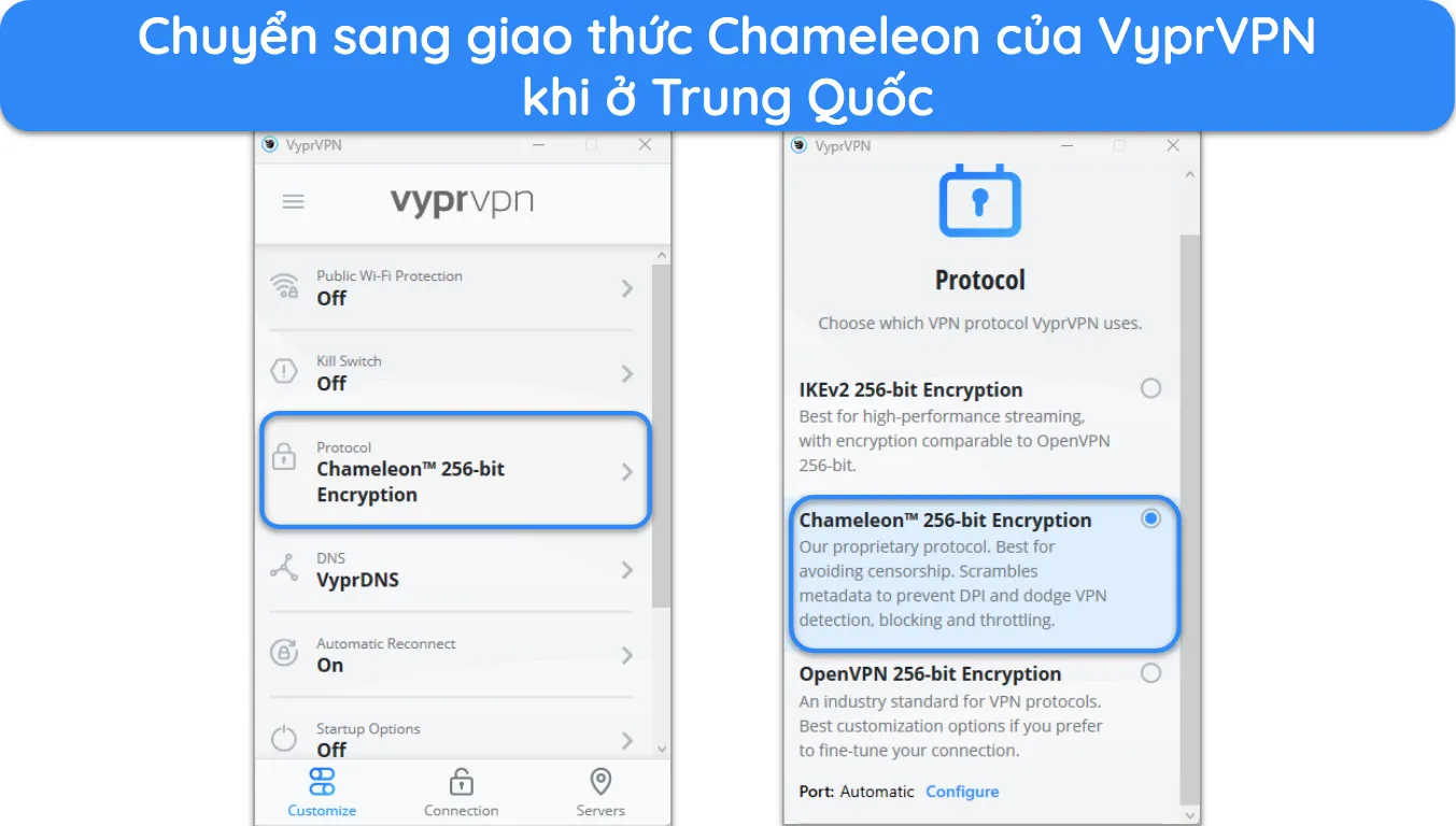 Hình ảnh ứng dụng Windows của VyprVPN, hiển thị các thiết lập giao thức Chameleon.