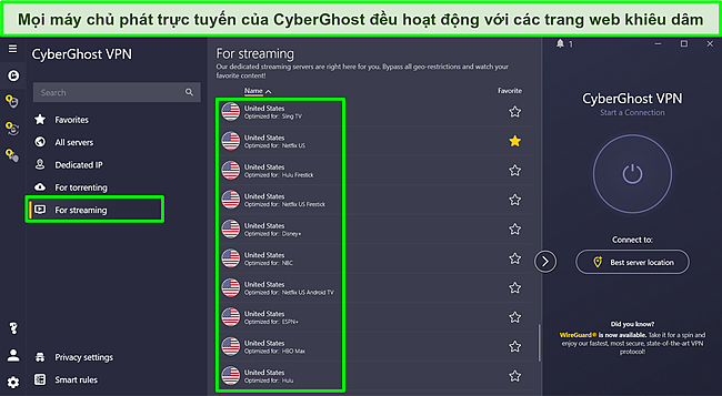 Ảnh chụp m&agrave;n h&igrave;nh c&aacute;c m&aacute;y chủ được tối ưu h&oacute;a ph&aacute;t trực tuyến của CyberGhost.