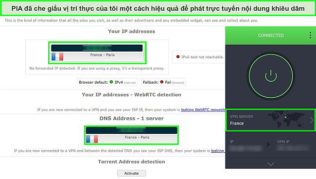 Ảnh chụp m&agrave;n h&igrave;nh kiểm tra r&ograve; rỉ IP v&agrave; DNS được thực hiện tr&ecirc;n m&aacute;y chủ Ph&aacute;p của PIA.