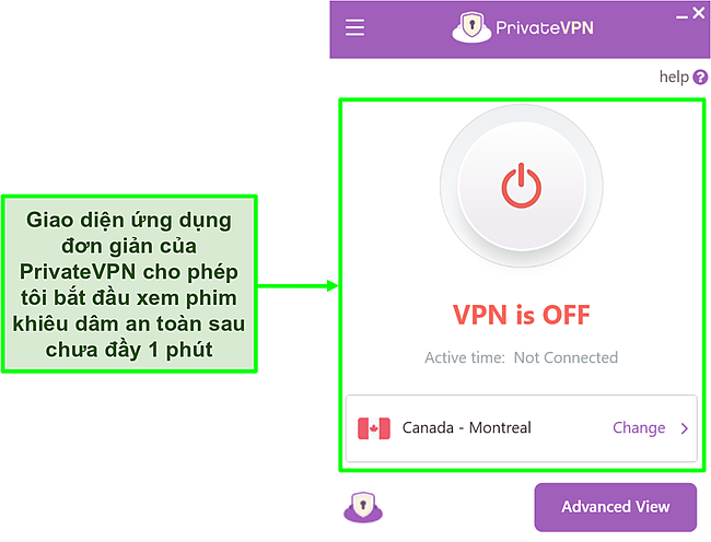 Ảnh chụp m&agrave;n h&igrave;nh giao diện ứng dụng của PrivateVPN ở chế độ Xem đơn giản.