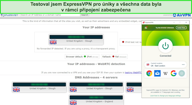 Sn&iacute;mek obrazovky ExpressVPN, kter&yacute; pro&scaron;el testem těsnosti
