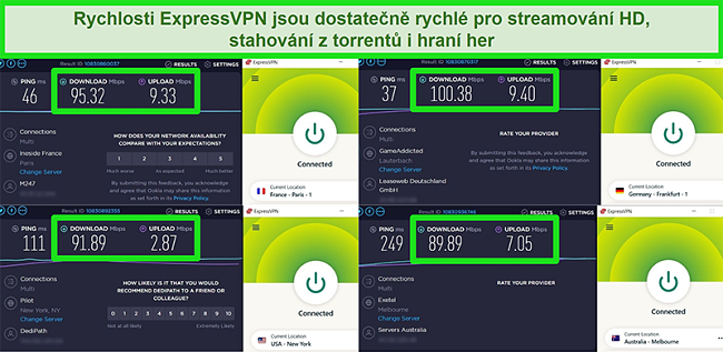 Screenshoty s v&yacute;sledky testu rychlosti ExpressVPN při glob&aacute;ln&iacute;m připojen&iacute; k různ&yacute;m serverům