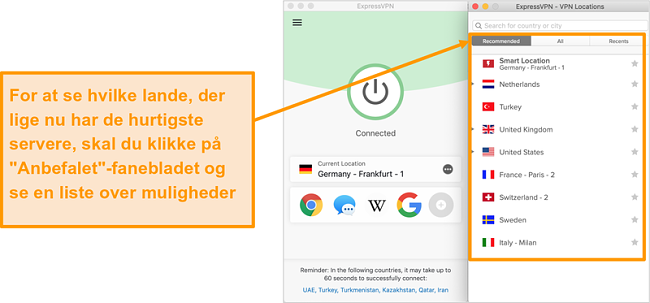 Sk&aelig;rmbillede af ExpressVPN-appen, der viser anbefalede servere