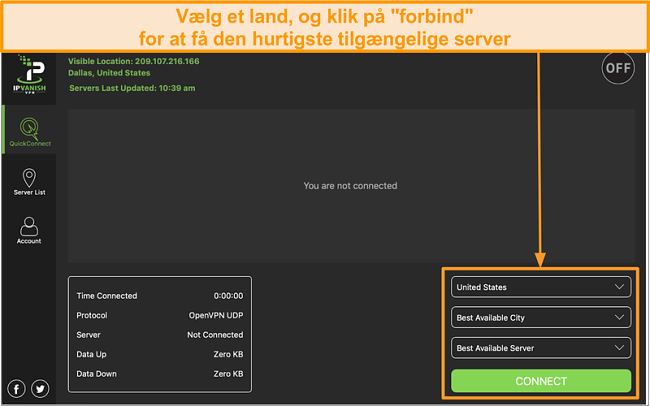 Sk&aelig;rmbillede af IPVanish app interface og "Quick Connect" sektion