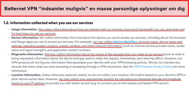 Sk&aelig;rmbillede af Betternet VPN fortrolighedspolitik