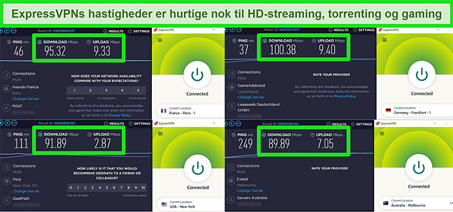 Screenshots af ExpressVPNs hastighedstestresultater, n&aring;r de er forbundet til forskellige servere globalt