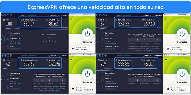Im&aacute;genes de los resultados de la prueba de velocidad de Ookla, con ExpressVPN conectado a servidores en EE. UU., Reino Unido, Alemania y Australia