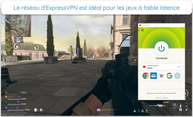 Image d'un jeu en ligne COD : Warzone en cours avec ExpressVPN connect&eacute; &agrave; un serveur en Turquie.