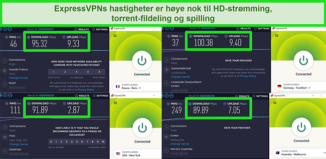 Skjermbilder av ExpressVPNs hastighetstestresultater n&aring;r de er koblet til forskjellige servere globalt