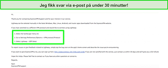 Skjermbilde av e-postsamtale med ExpressVPNs kundest&oslash;tteteam om LightWay-protokollen.