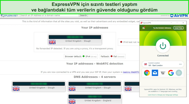 ExpressVPN'in sızıntı testini ge&ccedil;mesinin ekran g&ouml;r&uuml;nt&uuml;s&uuml;
