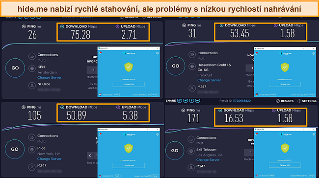 Sn&iacute;mky obrazovky hide.me připojen&eacute; k serverům v Nizozemsku, Německu a USA, zdůrazňuj&iacute;c&iacute; v&yacute;sledky testů rychlosti stahov&aacute;n&iacute; a odes&iacute;l&aacute;n&iacute;.