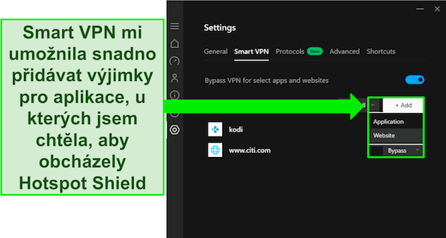 Sn&iacute;mek obrazovky funkce Smart VPN Hotspot Shield