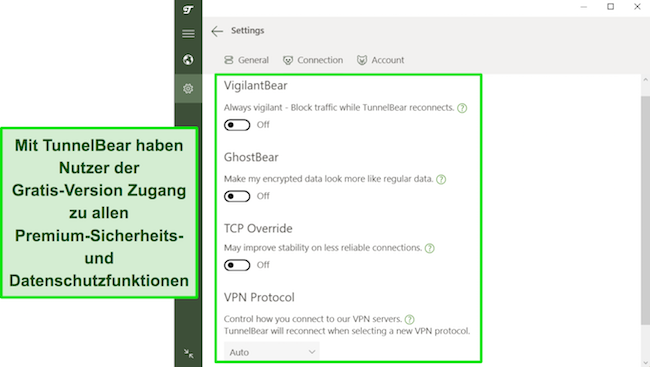Screenshot der Sicherheitsfunktionen von TunnelBear, die kostenlosen Benutzern zur Verf&uuml;gung stehen