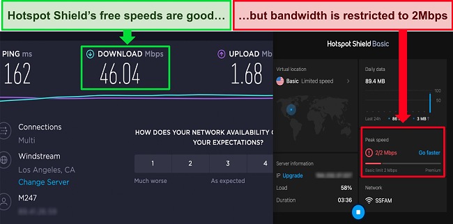 Screenshot of Hotspot Shield free connected to a US server, with the results of an Ookla speed test showing good download speeds.